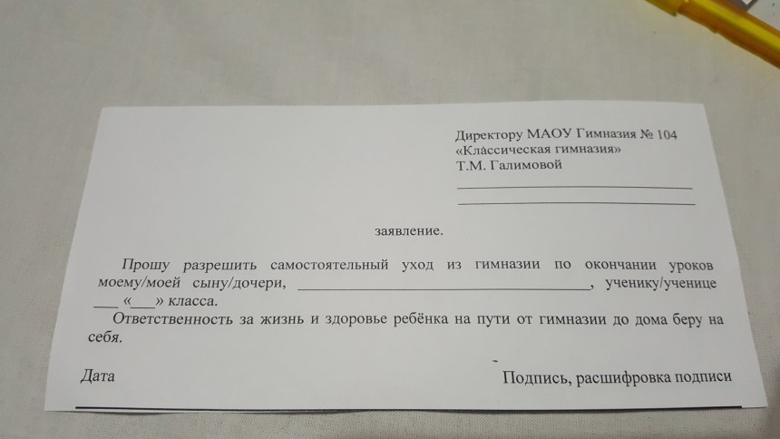 Заявление ребенку в школу