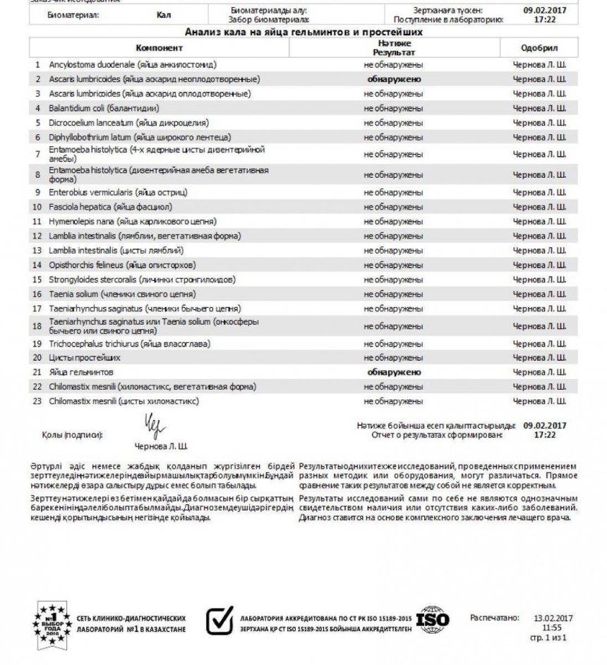 Исследование кала на яйца гельминтов норма