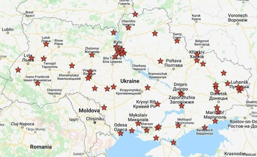 Карта обстрела Украины Россией